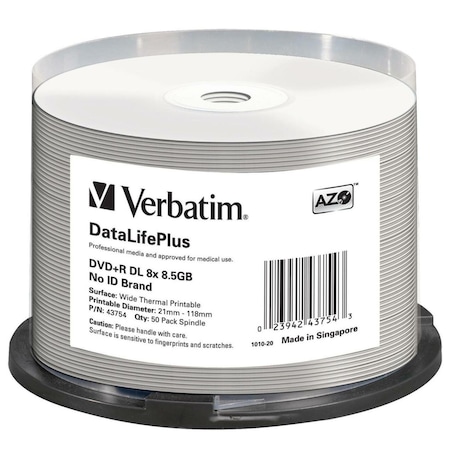 Verbatim DVD+R DL 8.5GB 8X, WHITE WIDE THERMAL PRINTABLE, 50PK SPINDLE (EVEREST, TEAC COM, 50PK 43754
